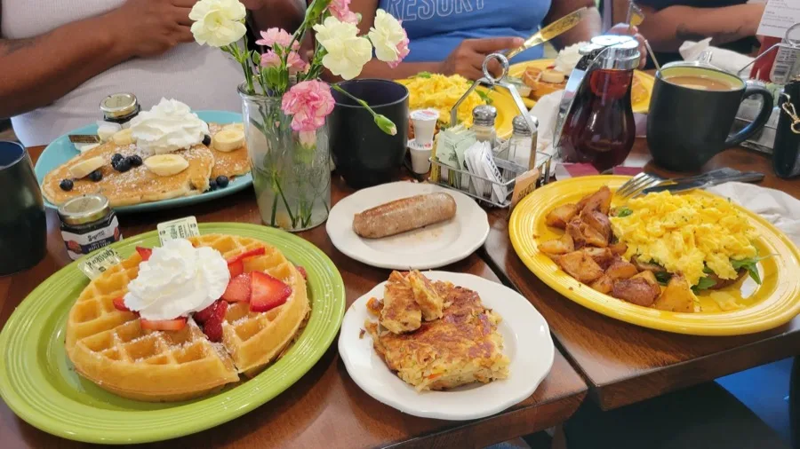 Fig Tree Cafe catering spread of pancakes and eggs benedict